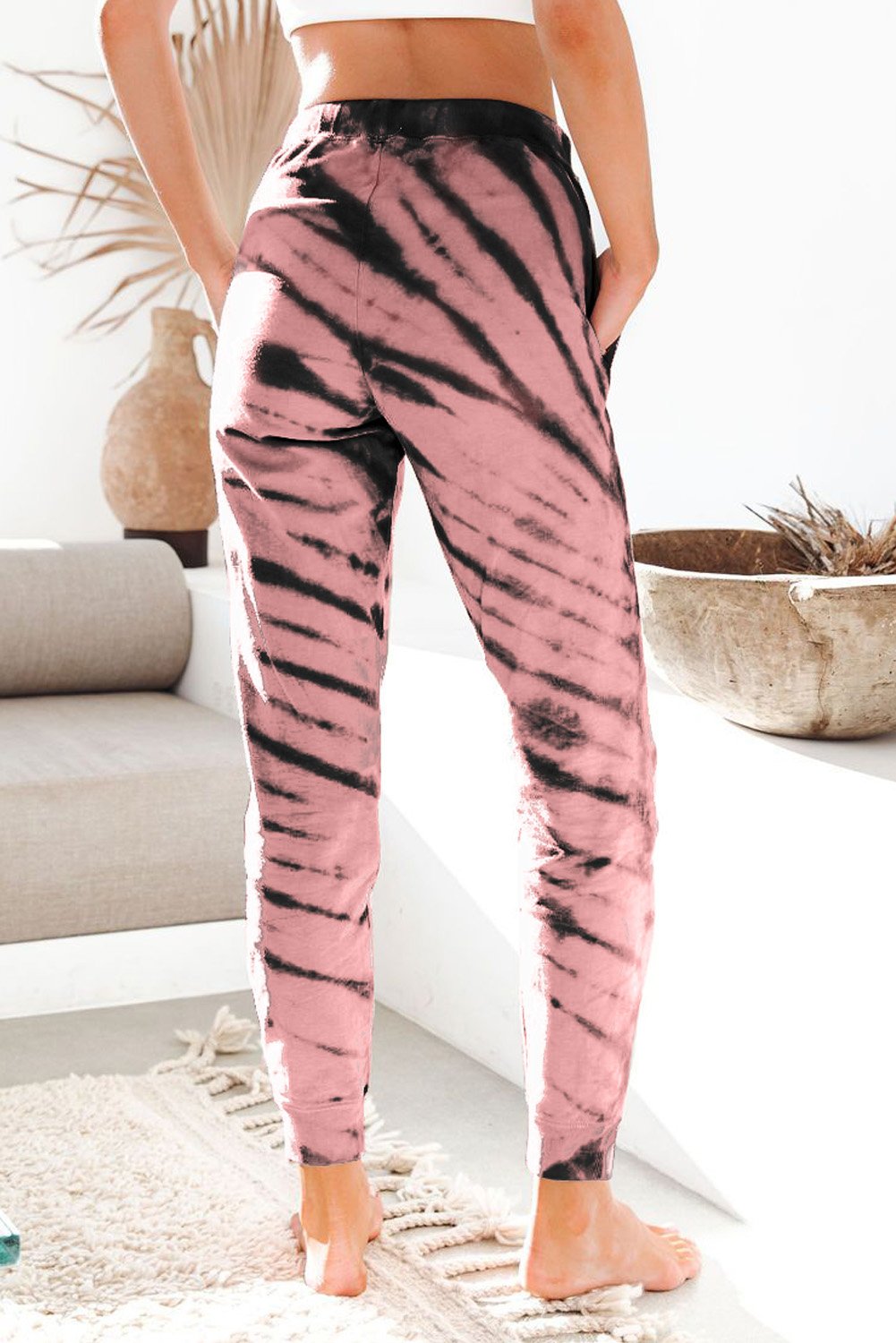 Pantalon de Jogging Femme Rose Imprime Tie-dye Poches