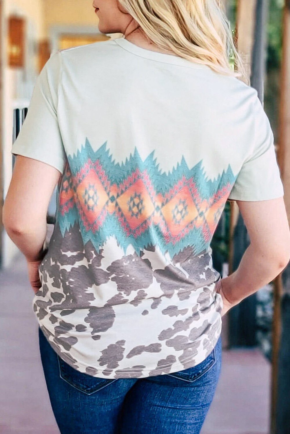 T-shirt Femme Multicolore Imprime Geometrique Azteque Manches Courtes Col Rond