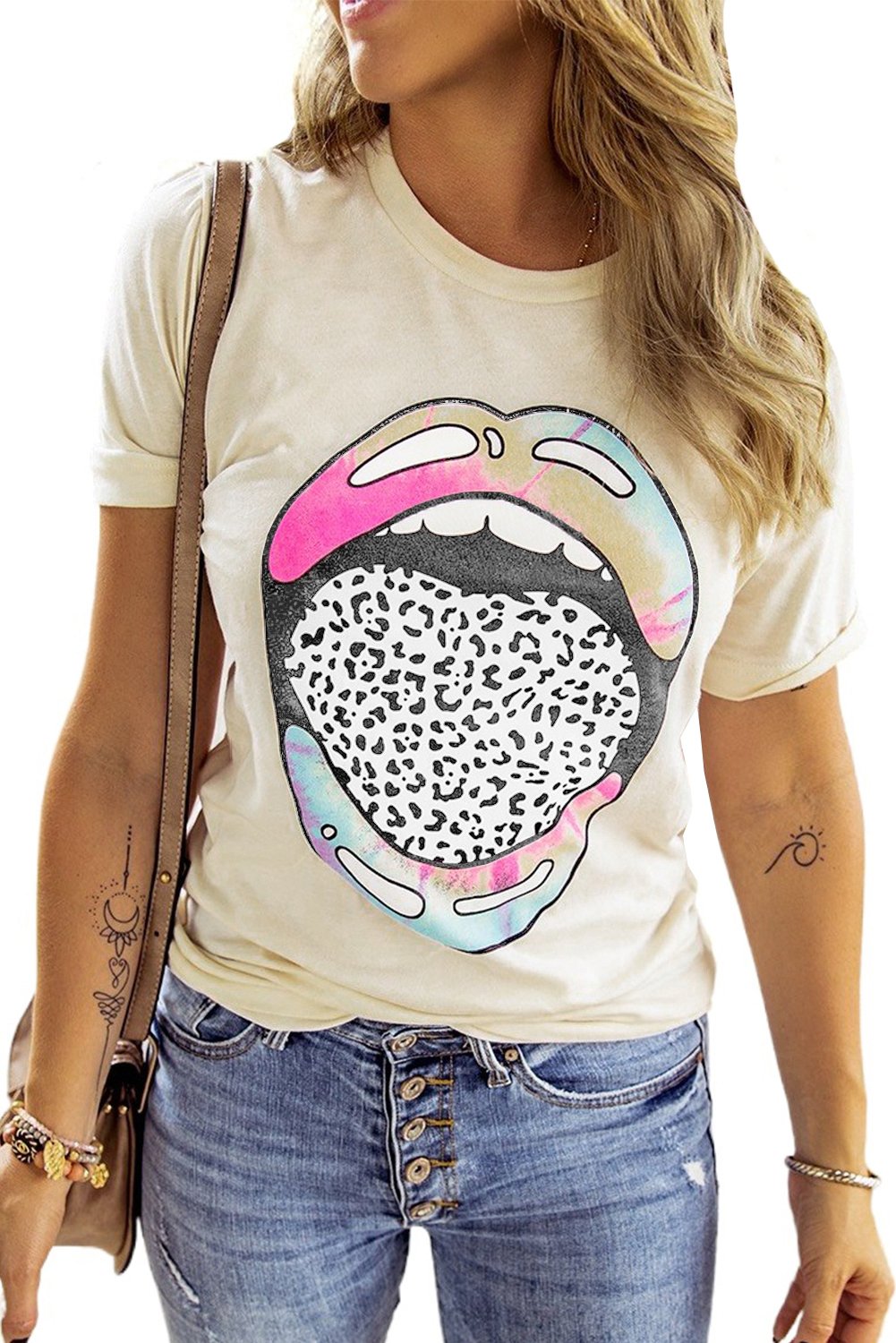 T-shirt Femme Ete Beige a Levres Leopard Tie-Dye