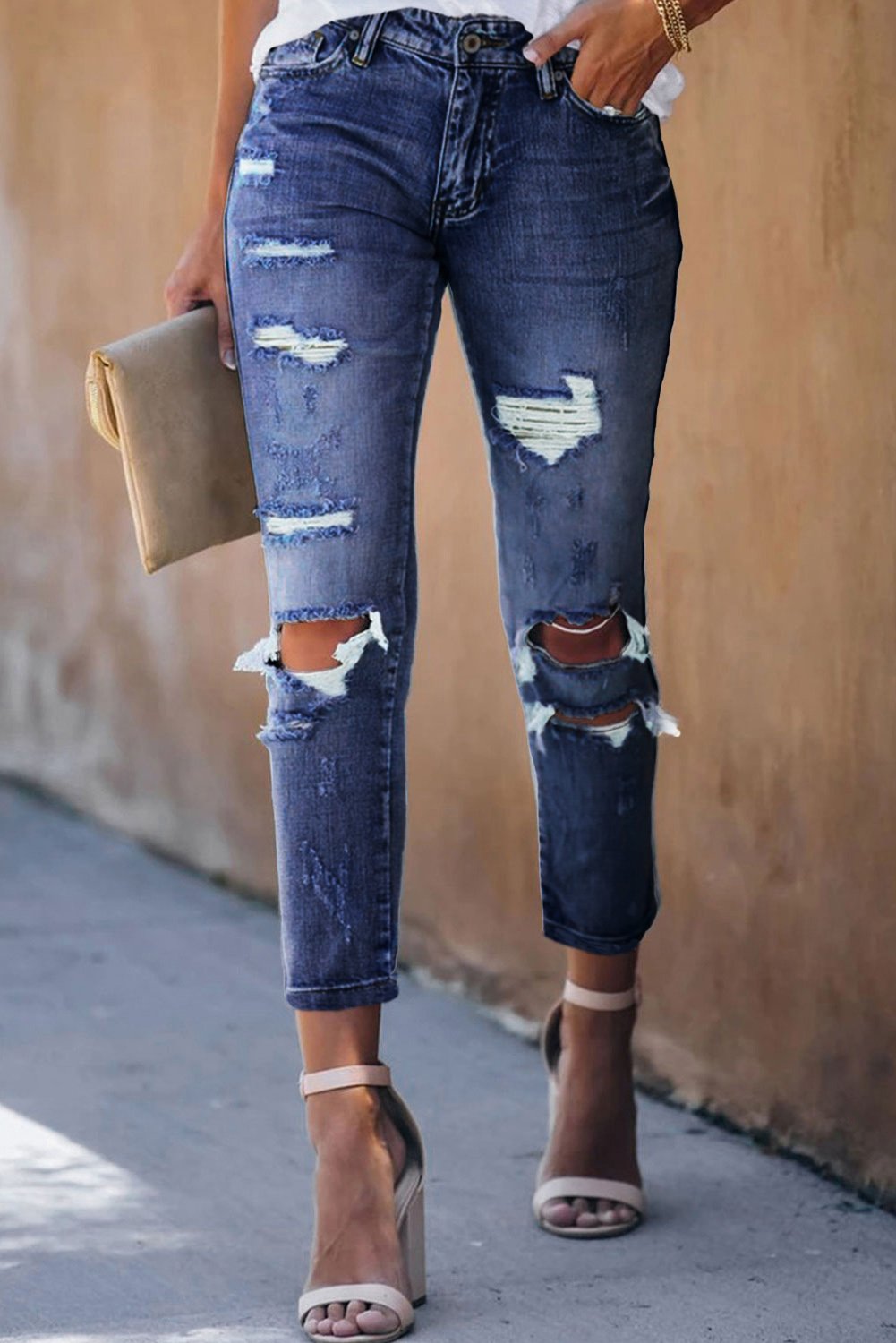 Pantalons Jeans Femme Mode Court Bleu Delave Trous Vieillis