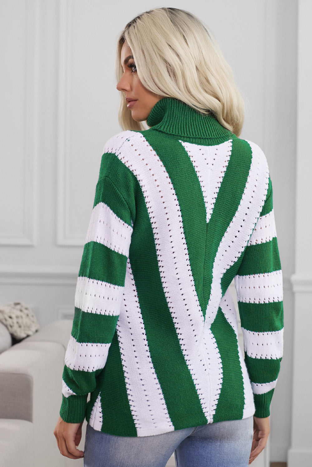 Pull Femme Col Roule a Rayures Vert et Blanc