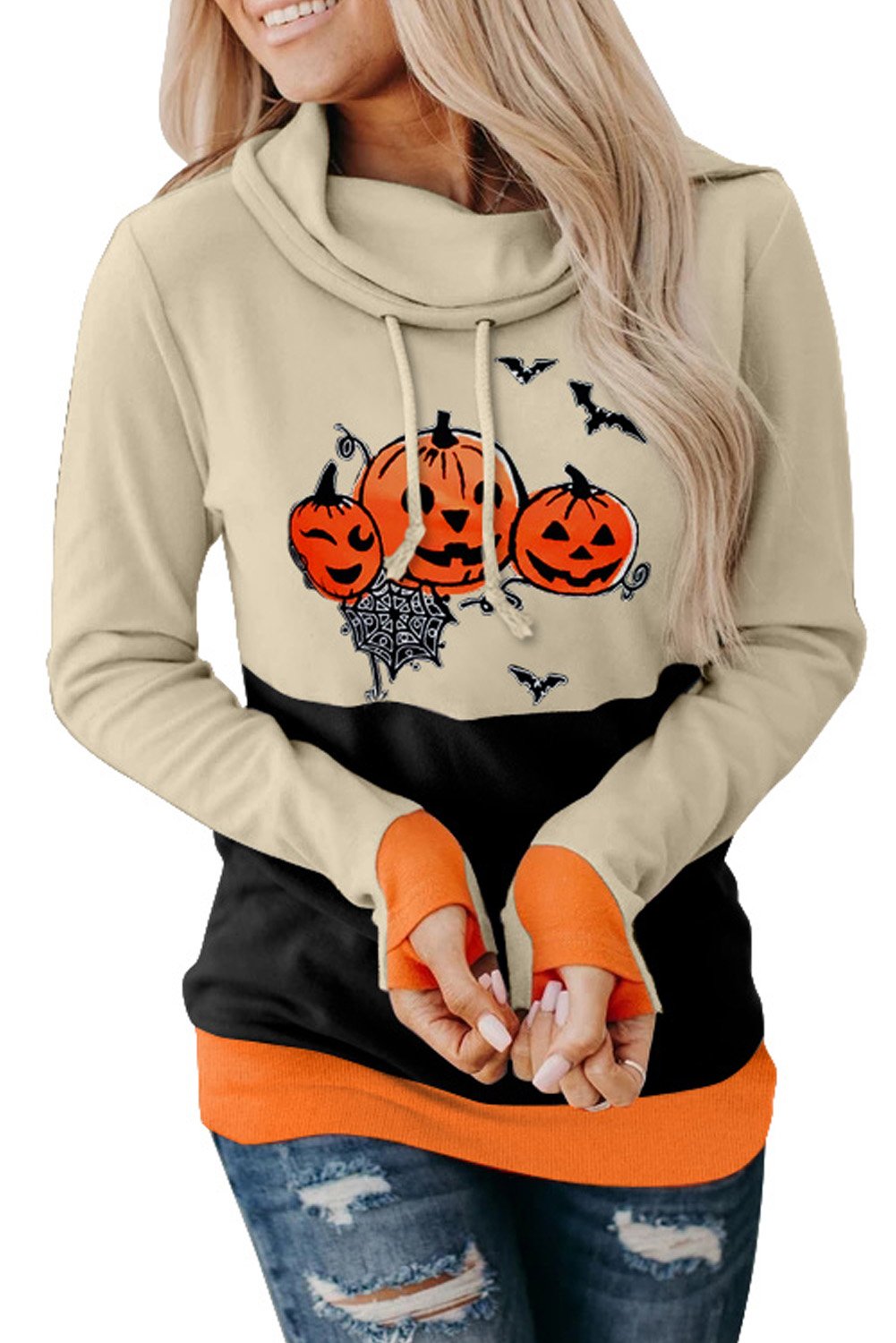 Sweat-shirt d'Halloween Imprime Citrouille et col benitier