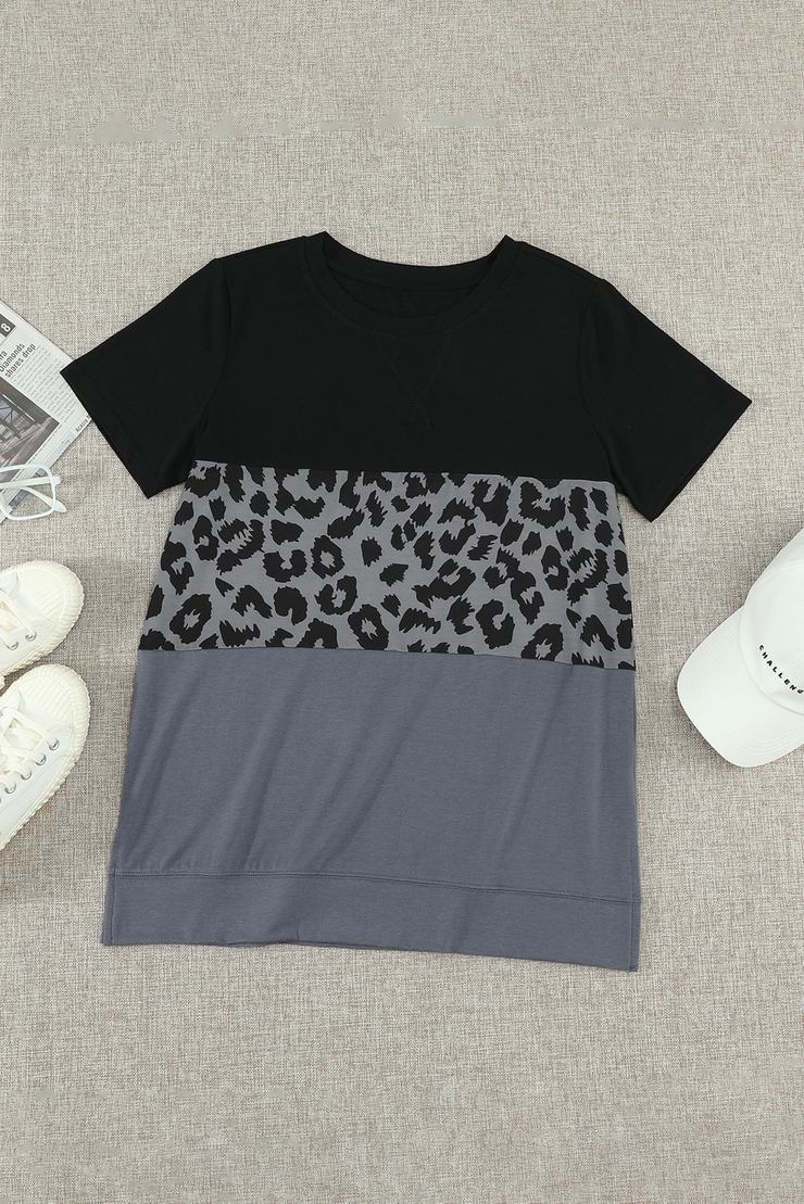 T- shirt Femme Col Rond Manches Courtes Imprime Leopard Gris Noir