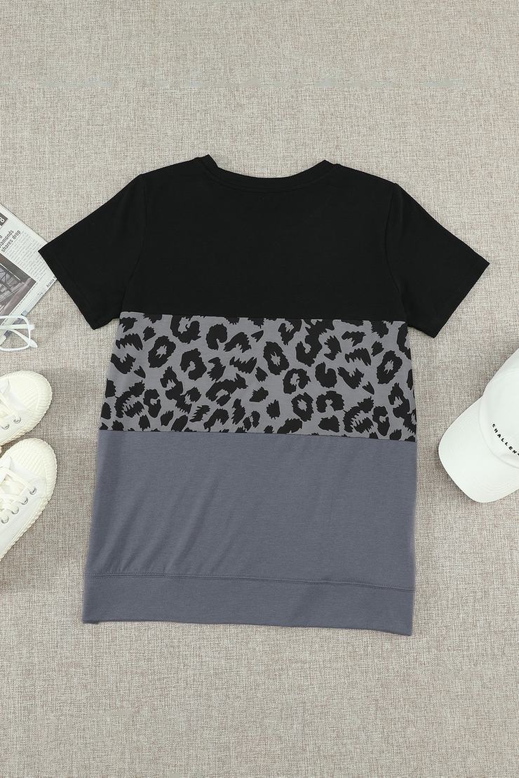 T- shirt Femme Col Rond Manches Courtes Imprime Leopard Gris Noir