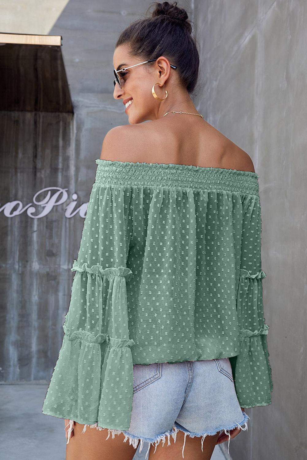 Blouse Chic a Pois Suisse Vert Manches Longues Epaule Denudee