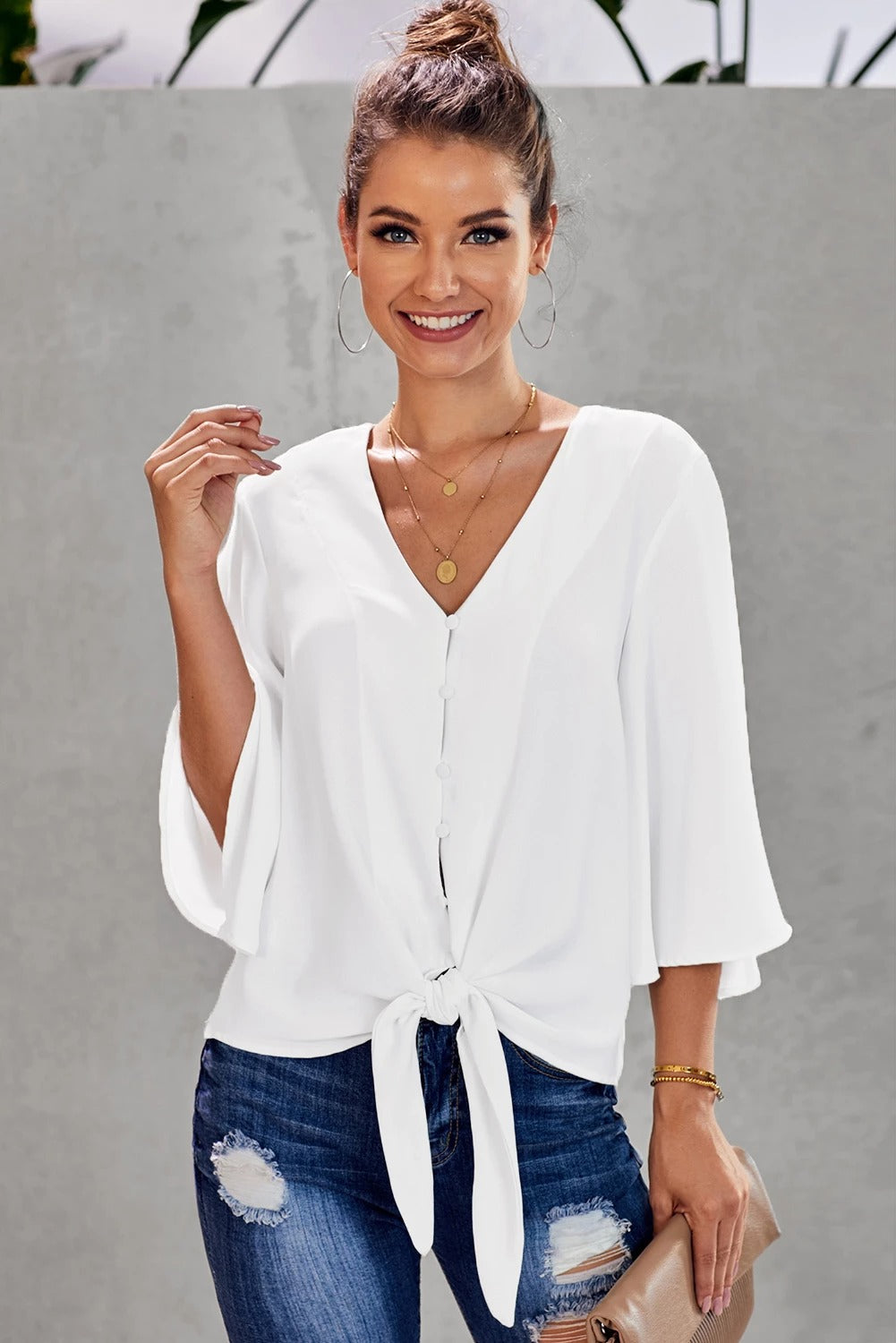 Blouse Femme Blanche Nouer Manches Flare Bouton