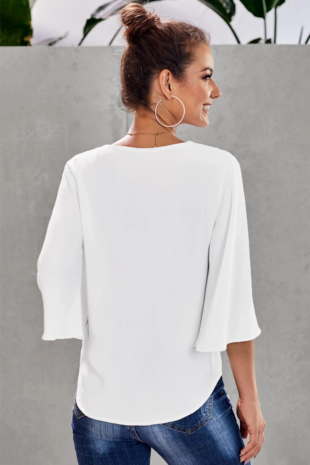 Blouse Femme Blanche Nouer Manches Flare Bouton