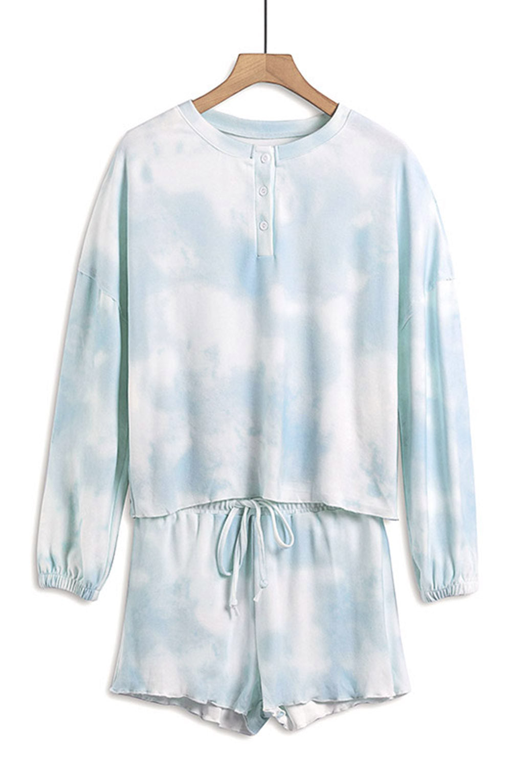 Ensemble Pyjama Femme Short Bleu Ciel Tie Dye Tricot Manches Longues