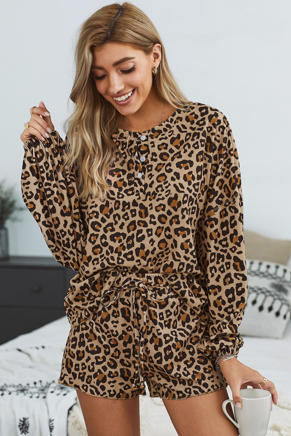 Ensemble Pyjama Femme Short Leopard Tricot Manches Longues