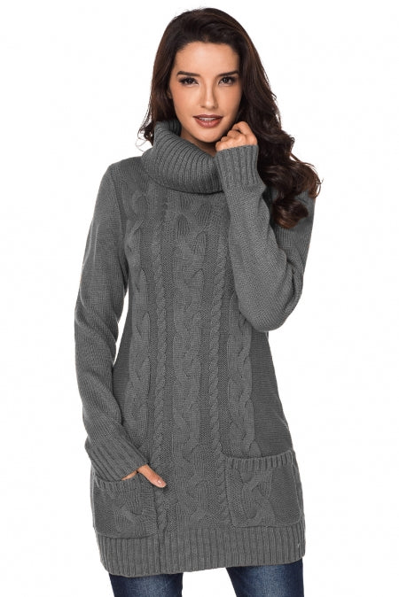  Robe Pull Gris Tricot de Cable Col Benitier
