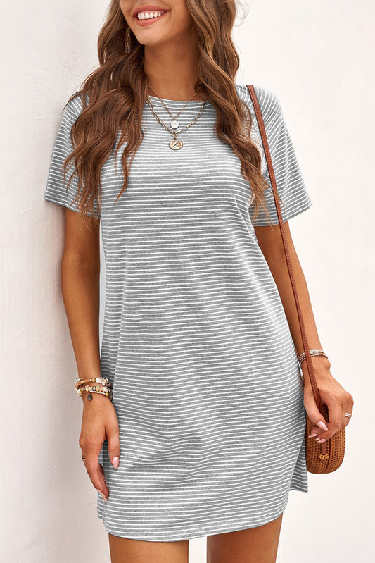 Robe T-shirt Coton A Rayures Grise Manches Courtes
