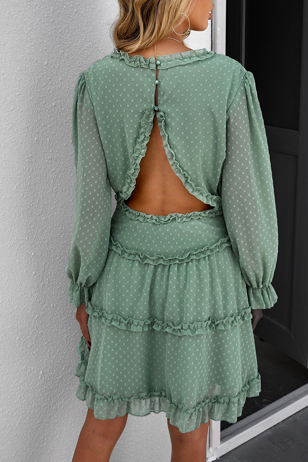 Robe Patineuse Femme Manches Longues Verte A Pois A Volants
