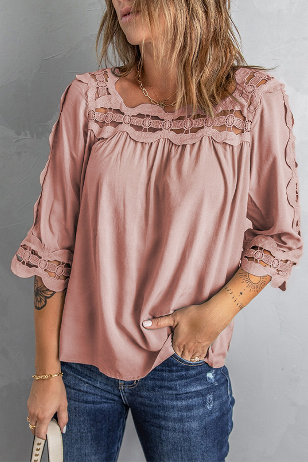 Blouse Rose Chic Femme Col Carre