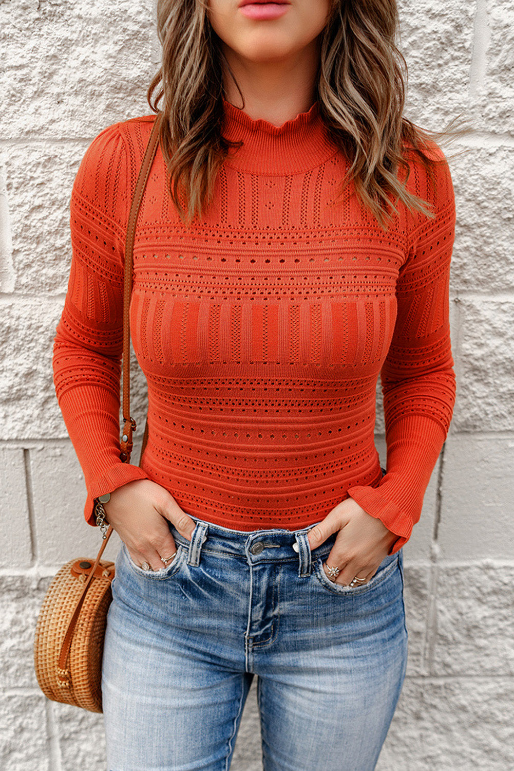 Pull Crochet Femme Rouge Col Roule Manches Longues