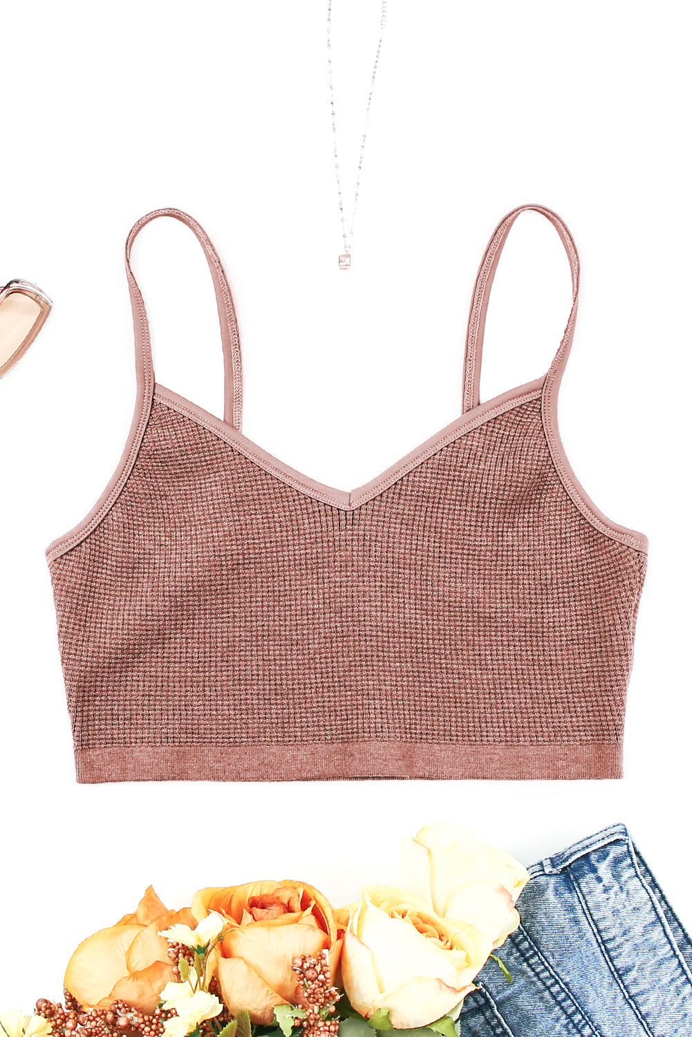 Crop Top Marron Maille GaufrEe Coupe Skinny a Bretelles