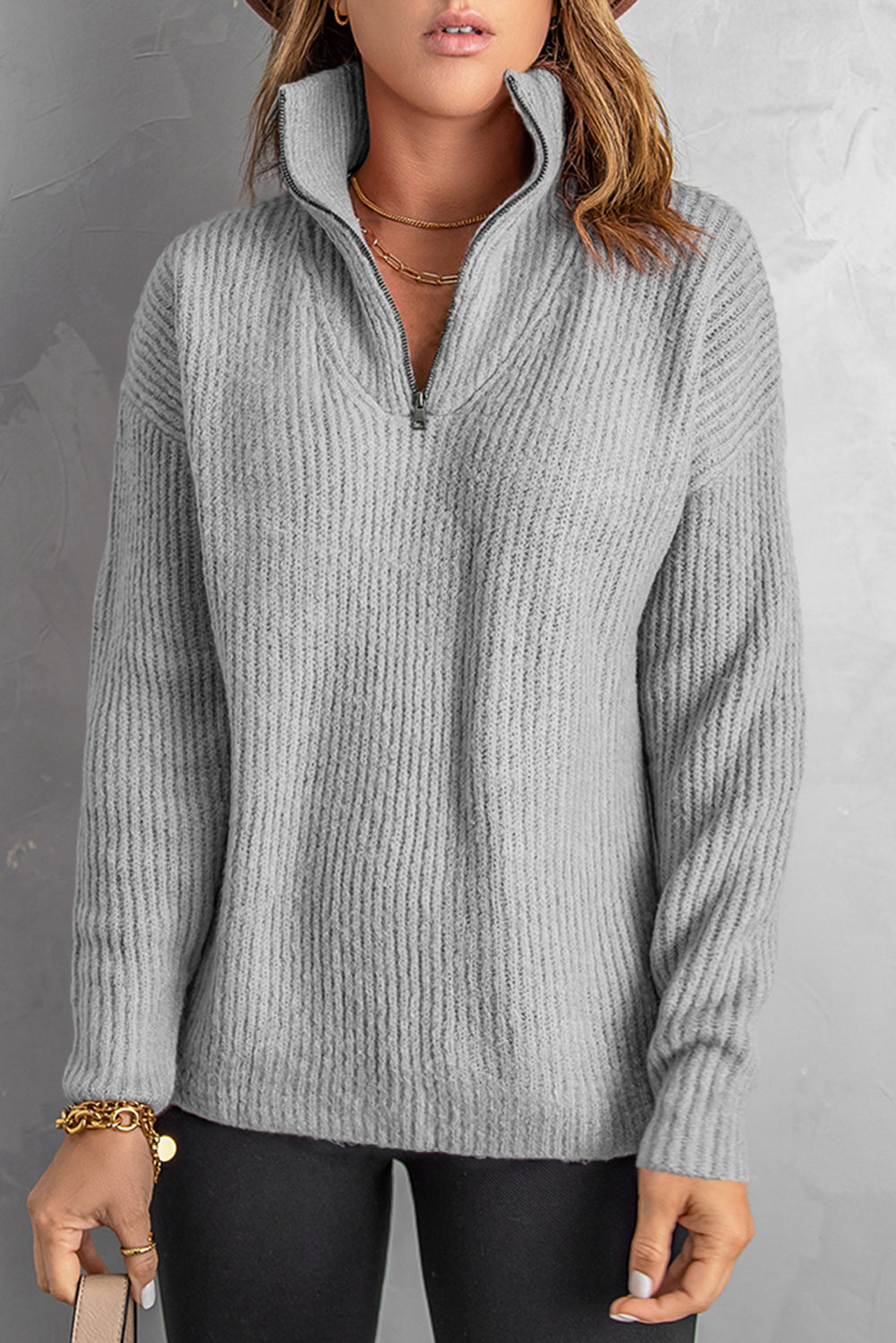 Pull Gris Femme Tricote Col Zippe