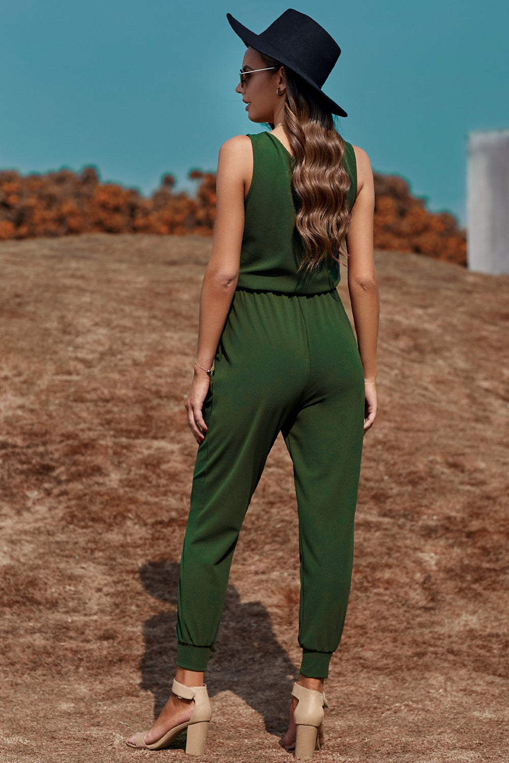 Combinaison Pantalon Femme Vert Col en V Sans Manches
