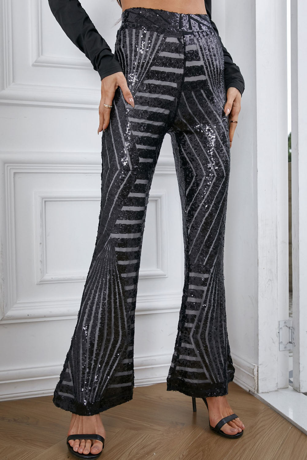 Pantalon Large Paillettes Noir Femme