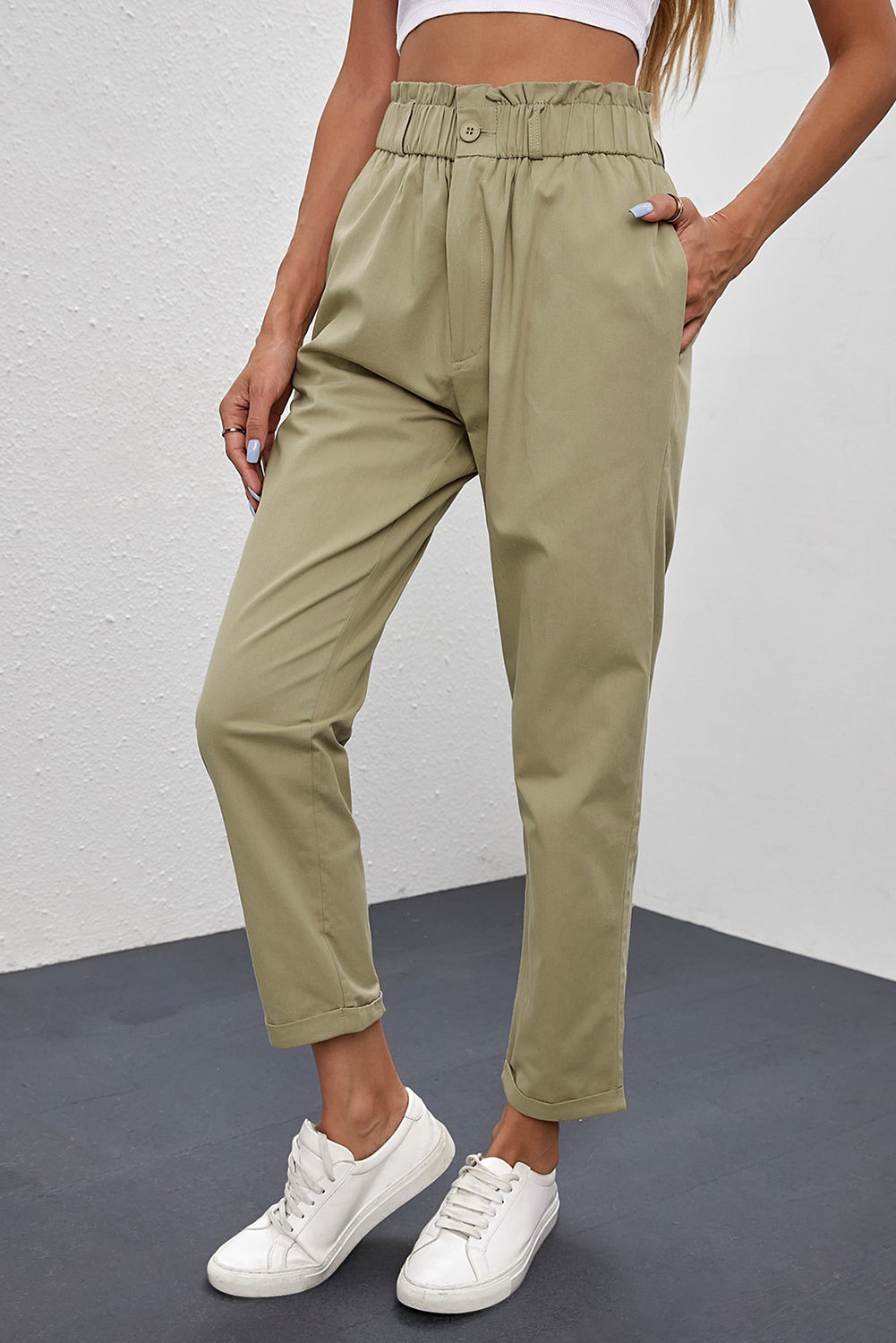 Pantalon Kaki Femme Taille Haute avec Poches