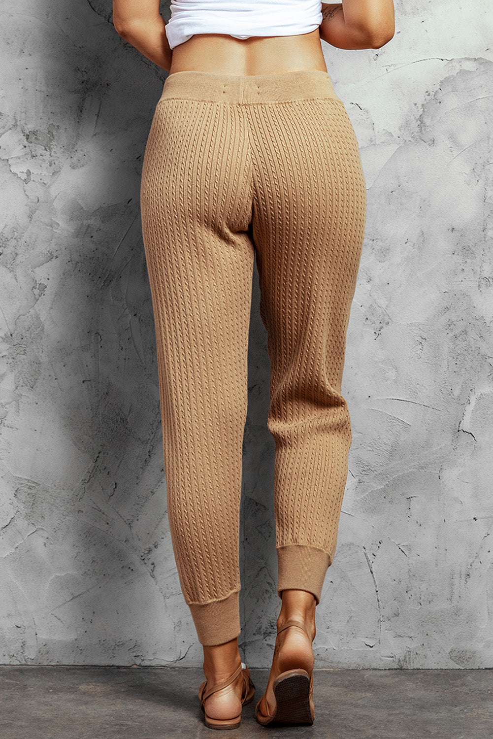 Pantalon de Jogging Femme Kaki Taille Haute en Maille Cotelee