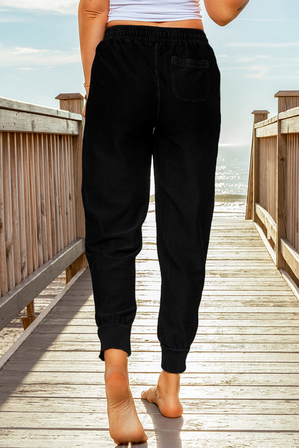 Pantalon de Jogging Noir Femme Taille Elastique avec Poches