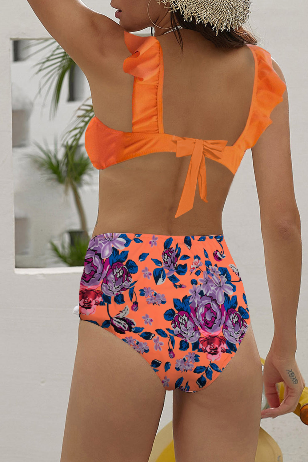 Maillot de Bain Femme Orange 2 Pieces a Volants Imprime Culotte
