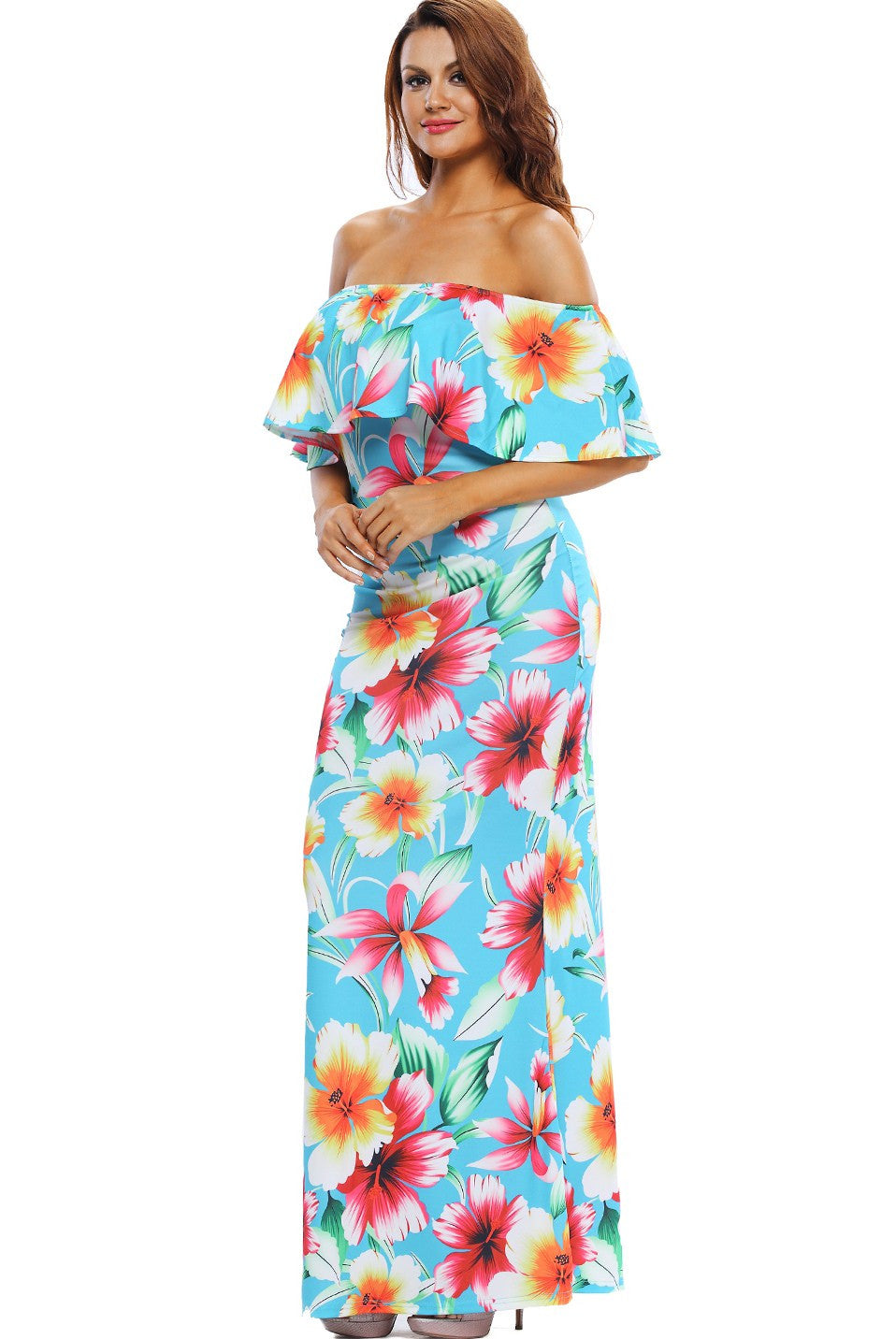 Maxi Robes Turquoise Roses Print Off The Shoulder Robe