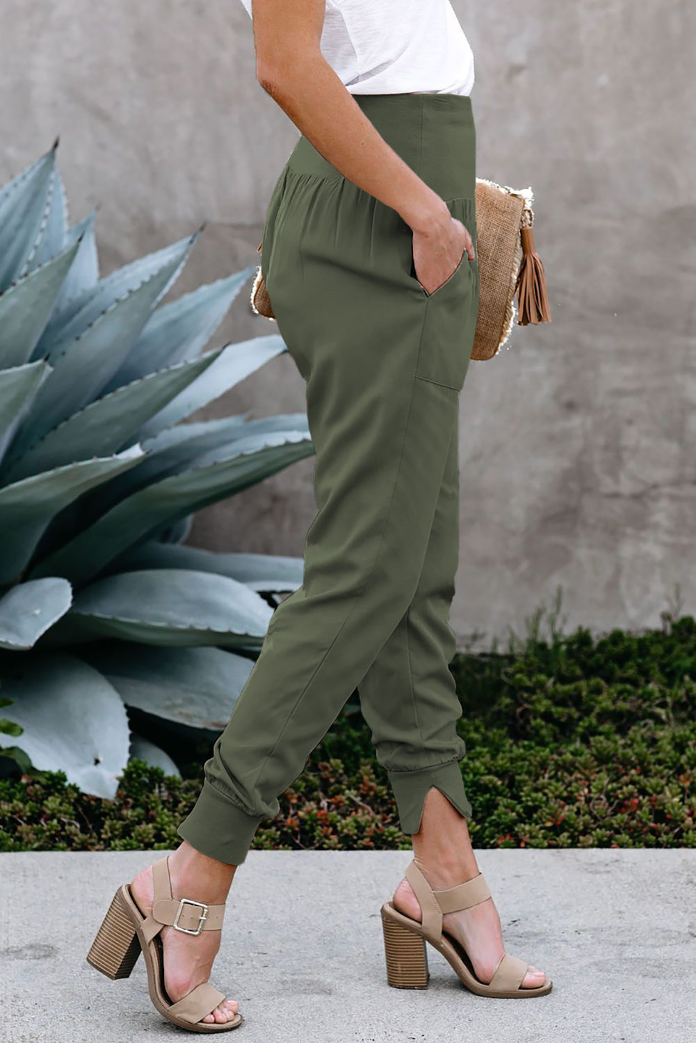 Pantalon de Jogging Femme Taille Haute Vert Coton Avec Poches