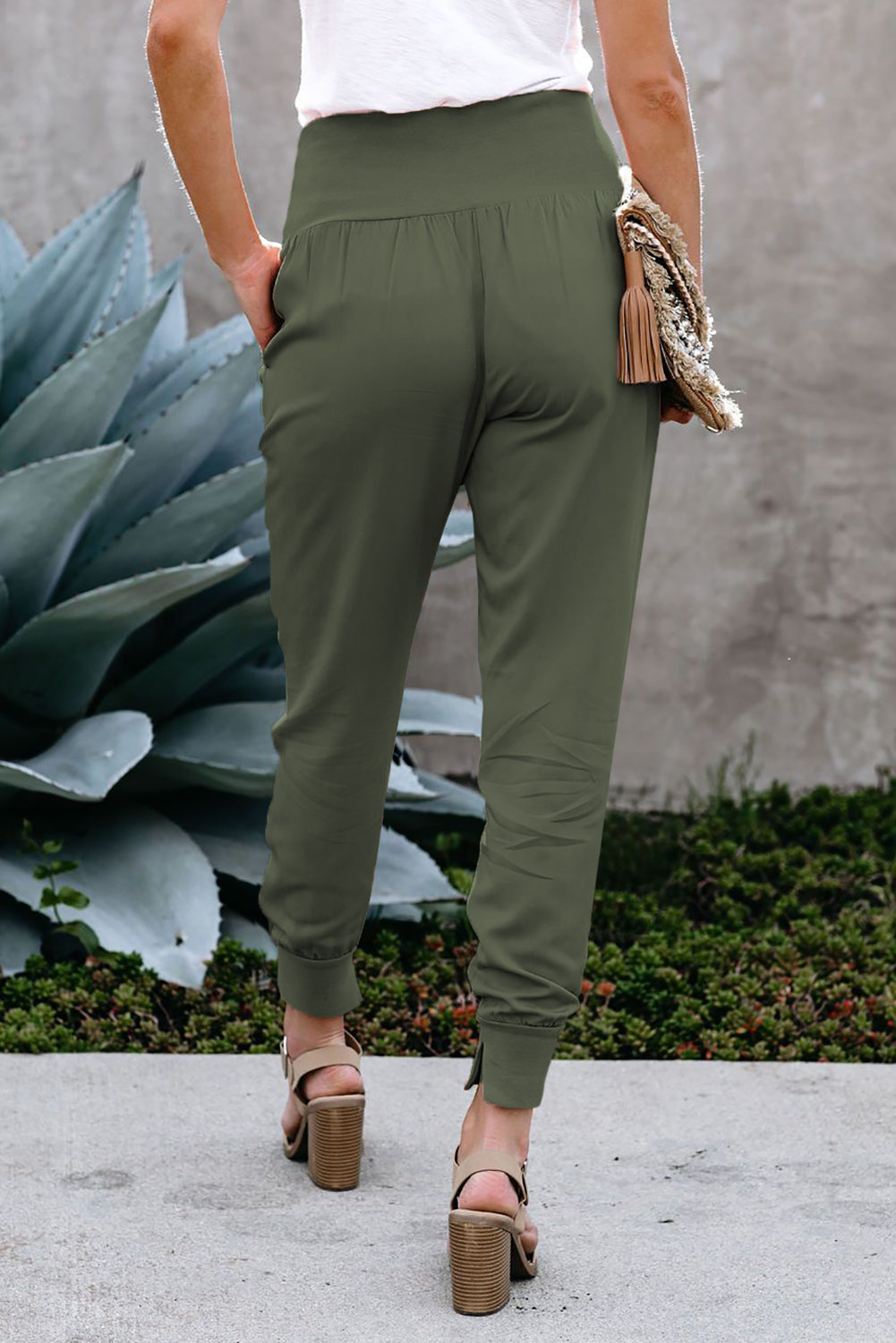 Pantalon de Jogging Femme Taille Haute Vert Coton Avec Poches