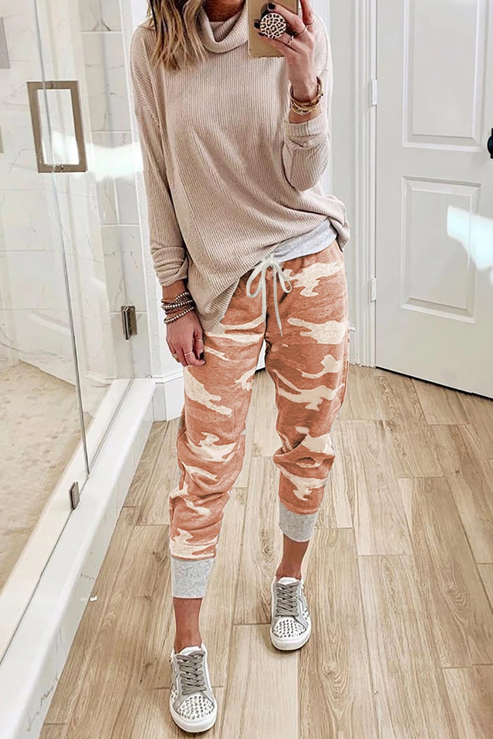 Pantalon de Sport Femme Tricot Imprime Camouflage Orange