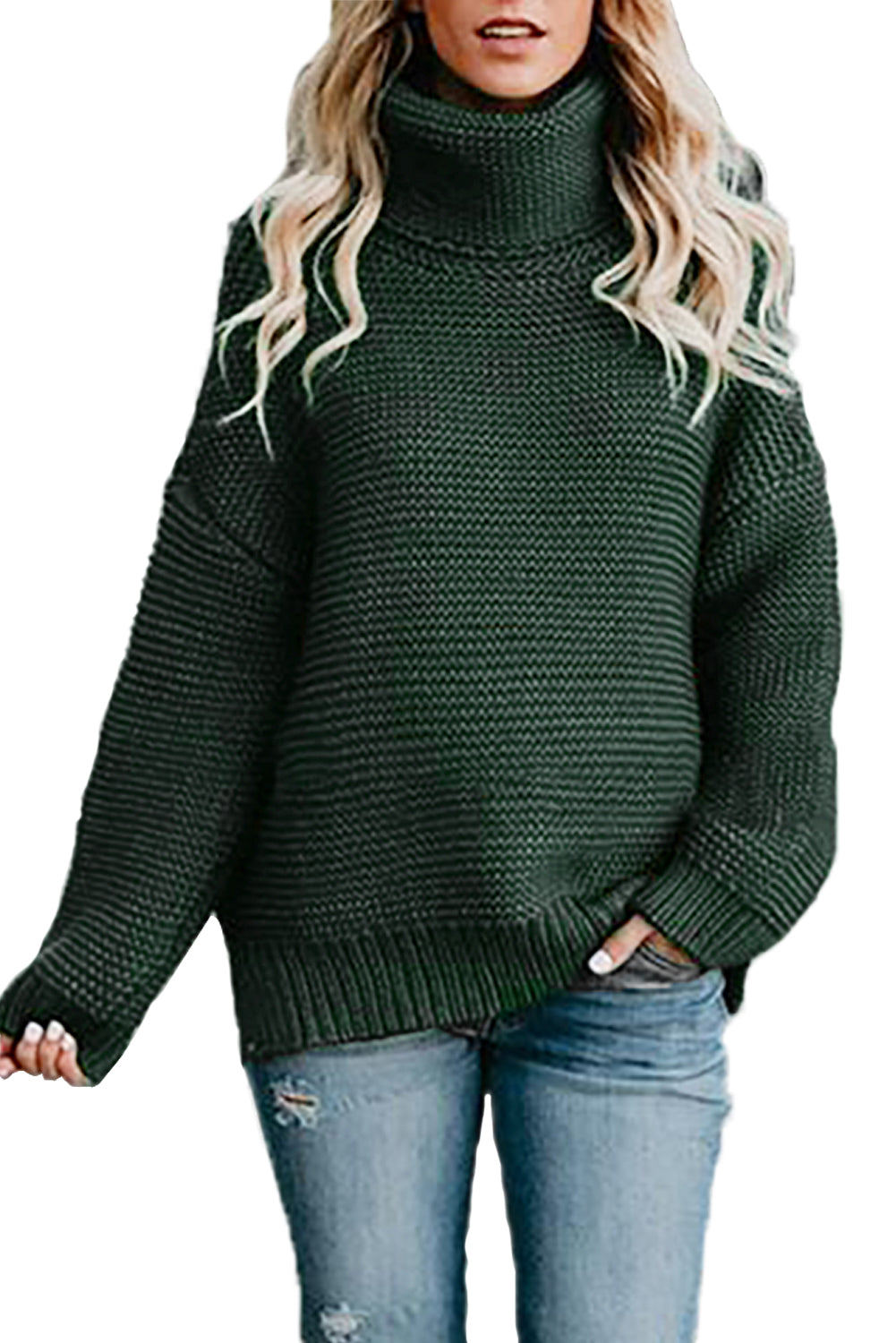 Pull Femme Col Roule Vert Confortable Manches Longues