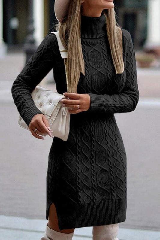 Robe Pull Col Roule Noir Femme Moulante Motif Texture avec Fentes