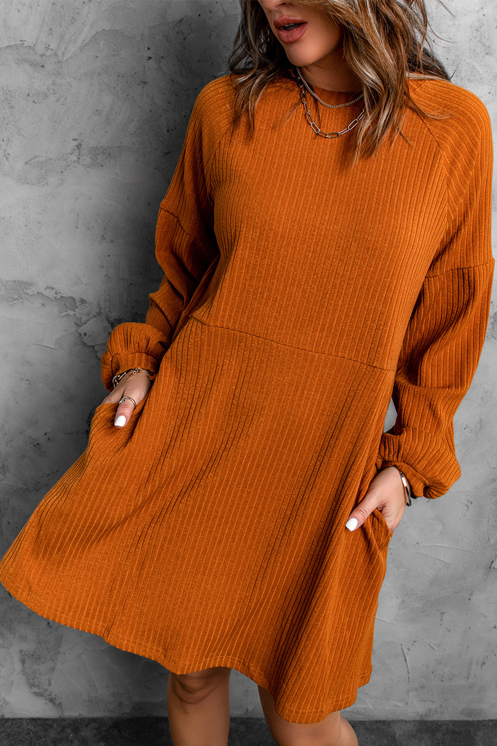 Robe Pull Femme Orange Col Rond Taille Empire