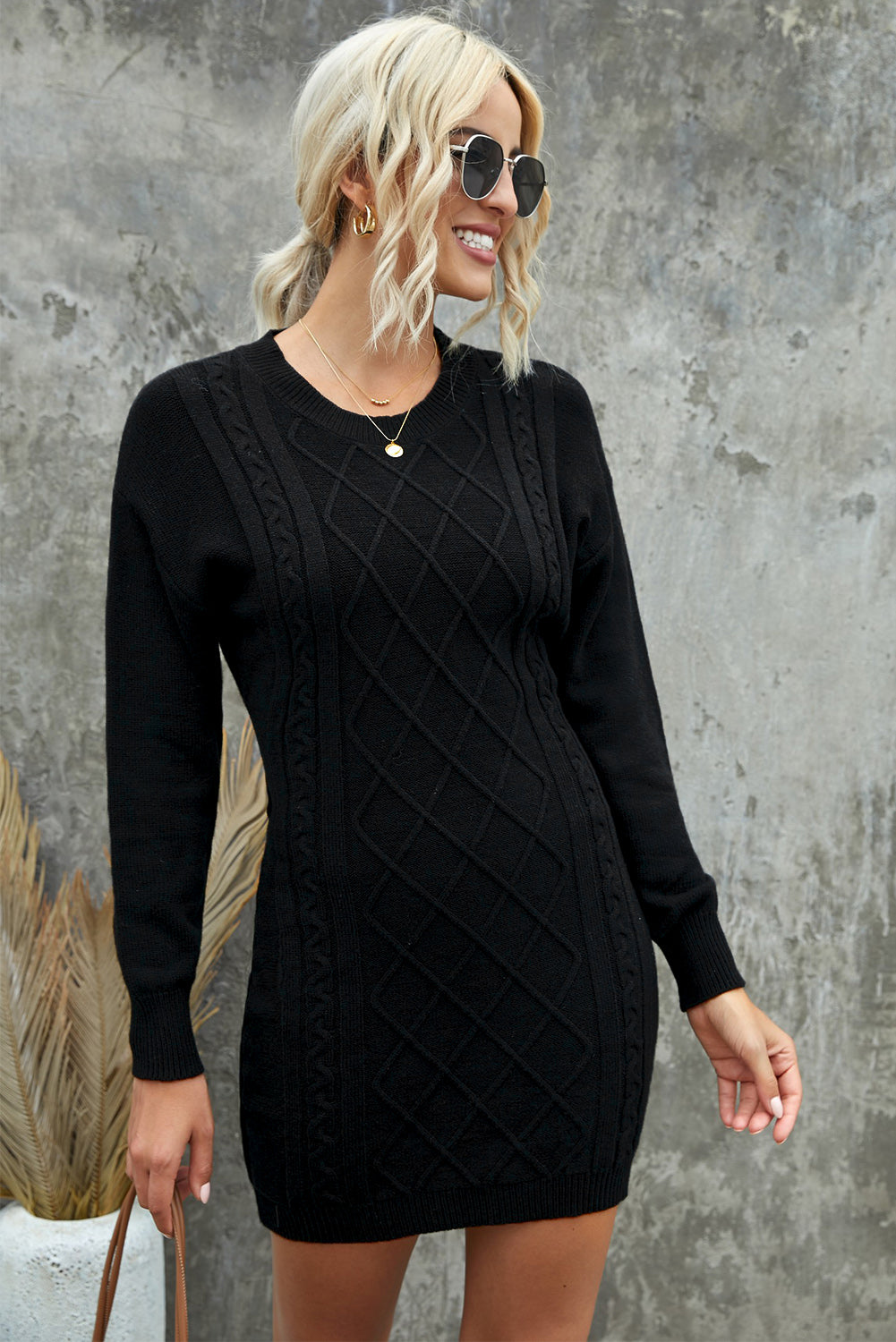 Robe Pull Noir Moulante Courte Femme Texture Geometrique