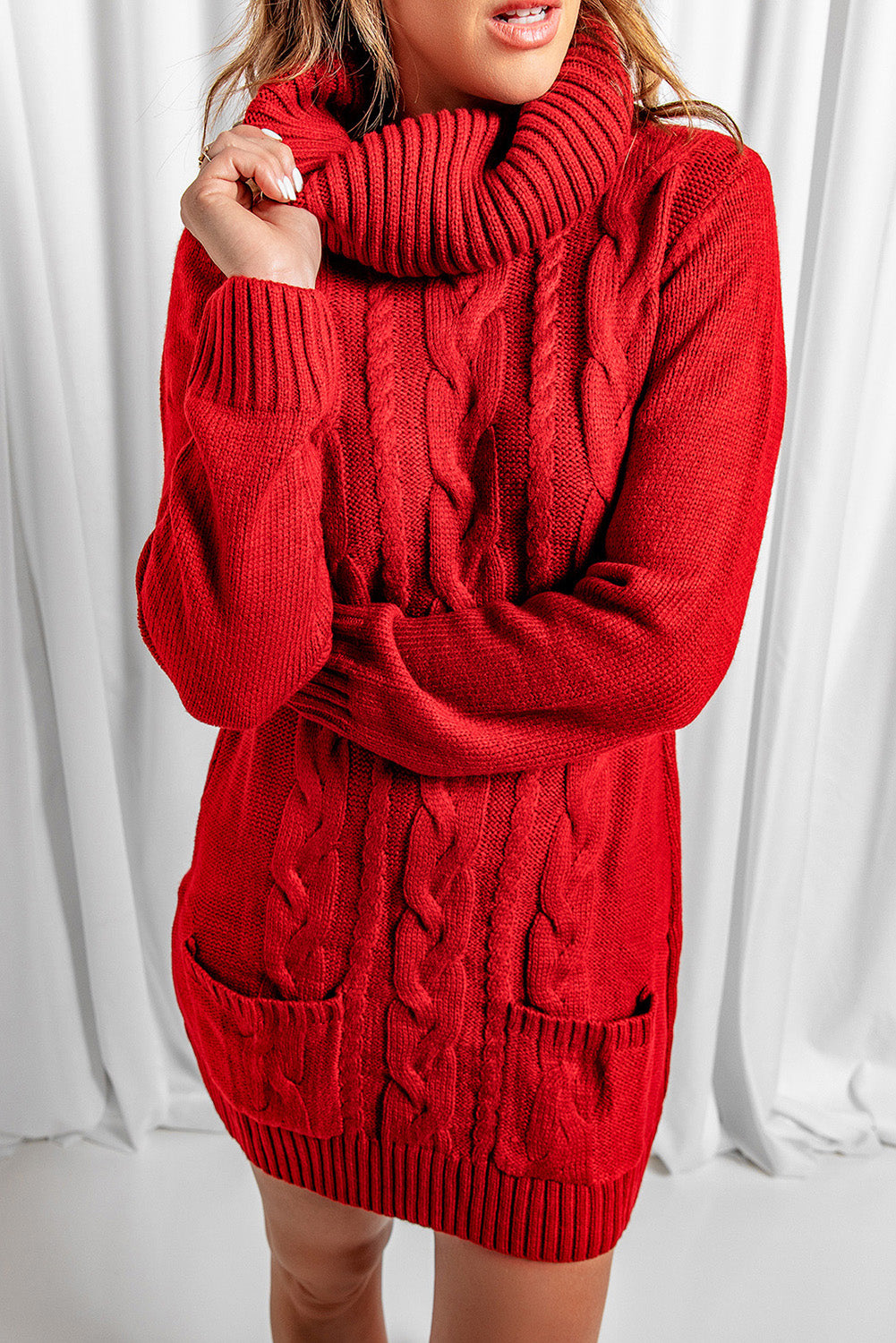 Robe Pull Rouge Col Roule Femme Hiver Tricot de Cable