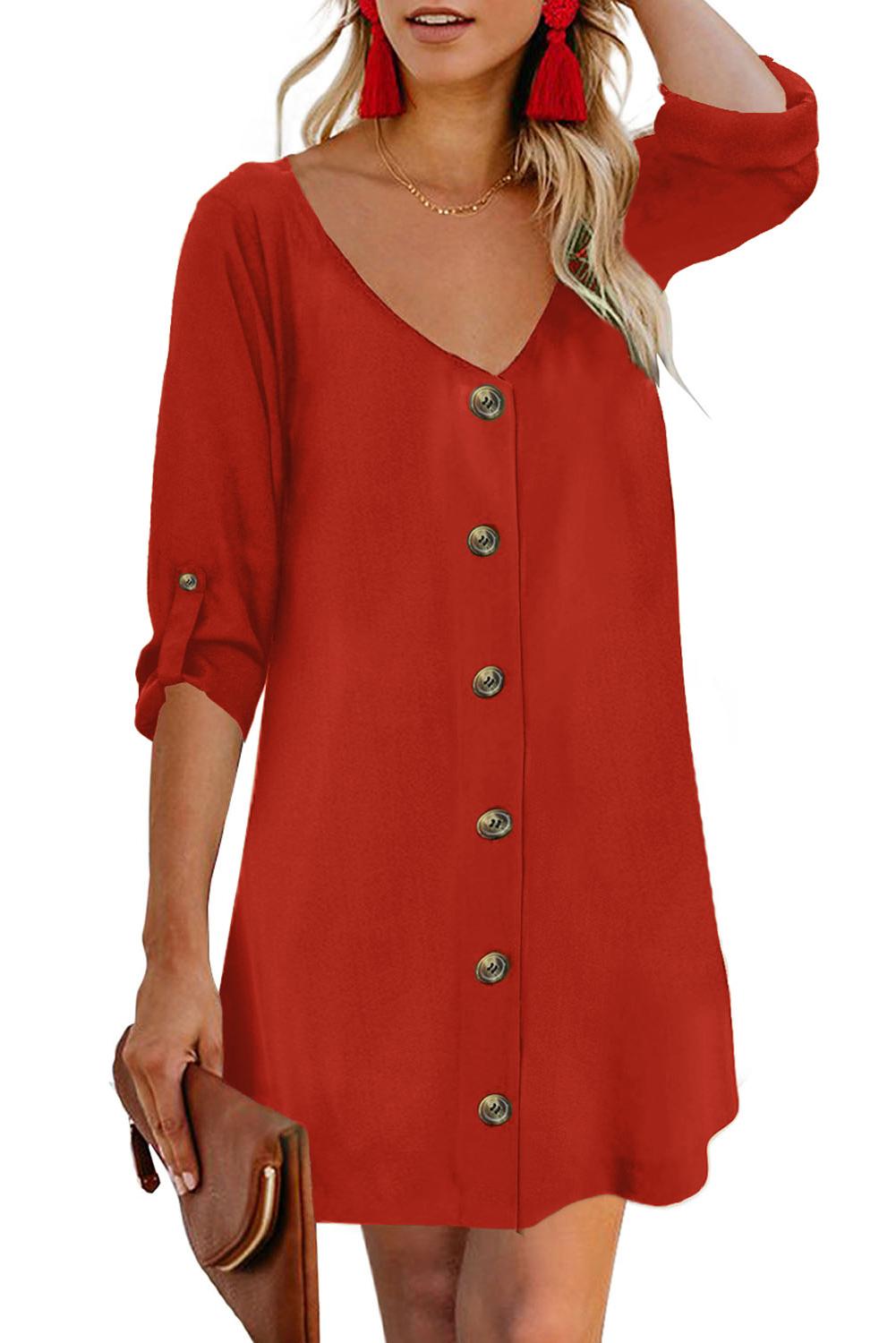 Robe Rouge Femme Col V Bouton Manches Retroussees