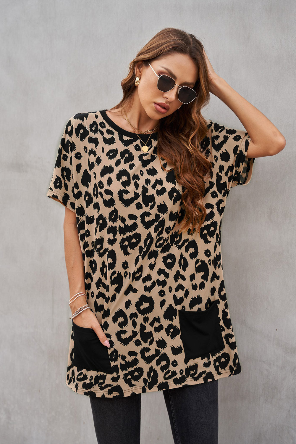 Robe T-shirt Courte Mmarron Poches Imprime Leopard Manches Courtes