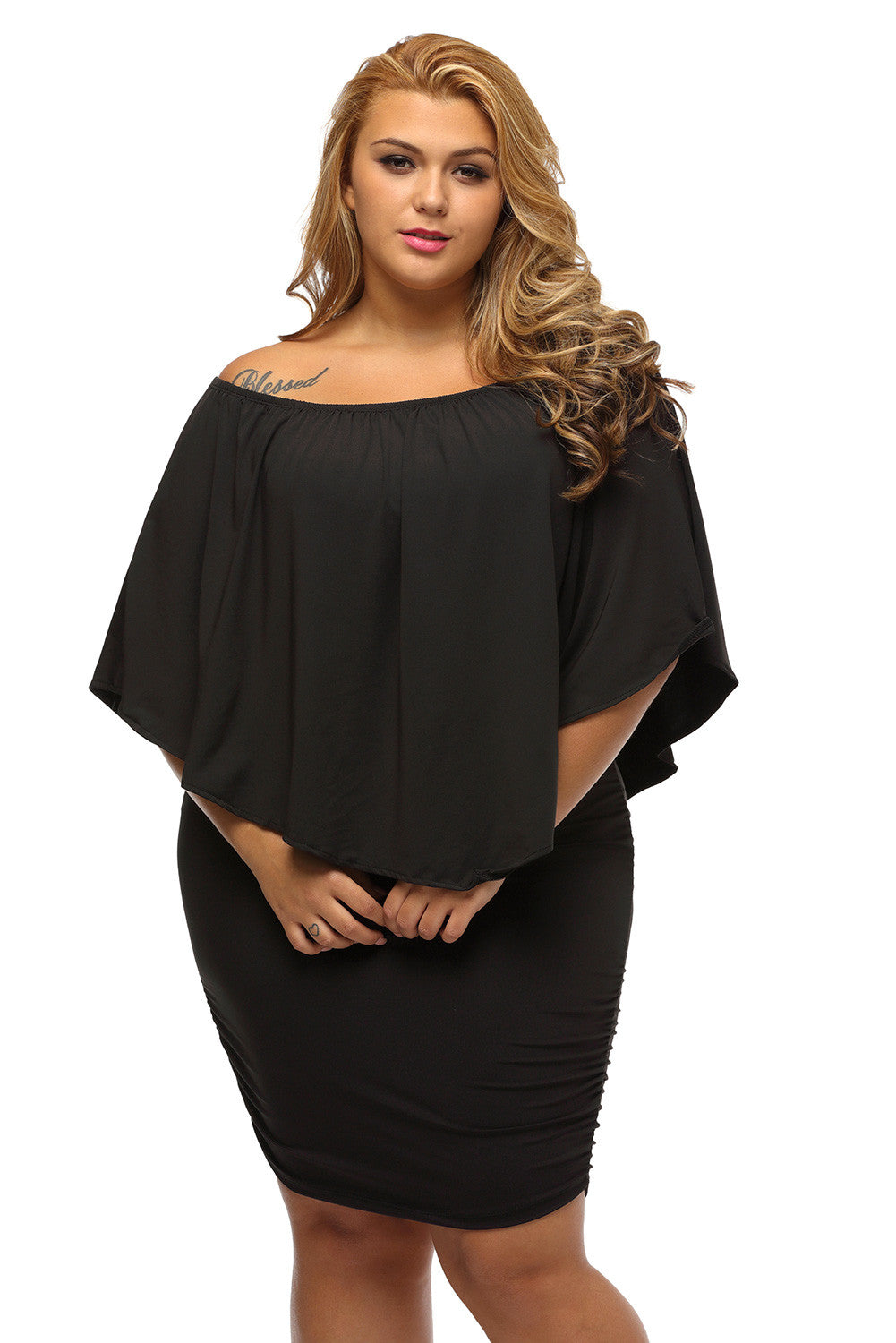 Robe Grande Taille Noire Court Collerette Epaules Denudees