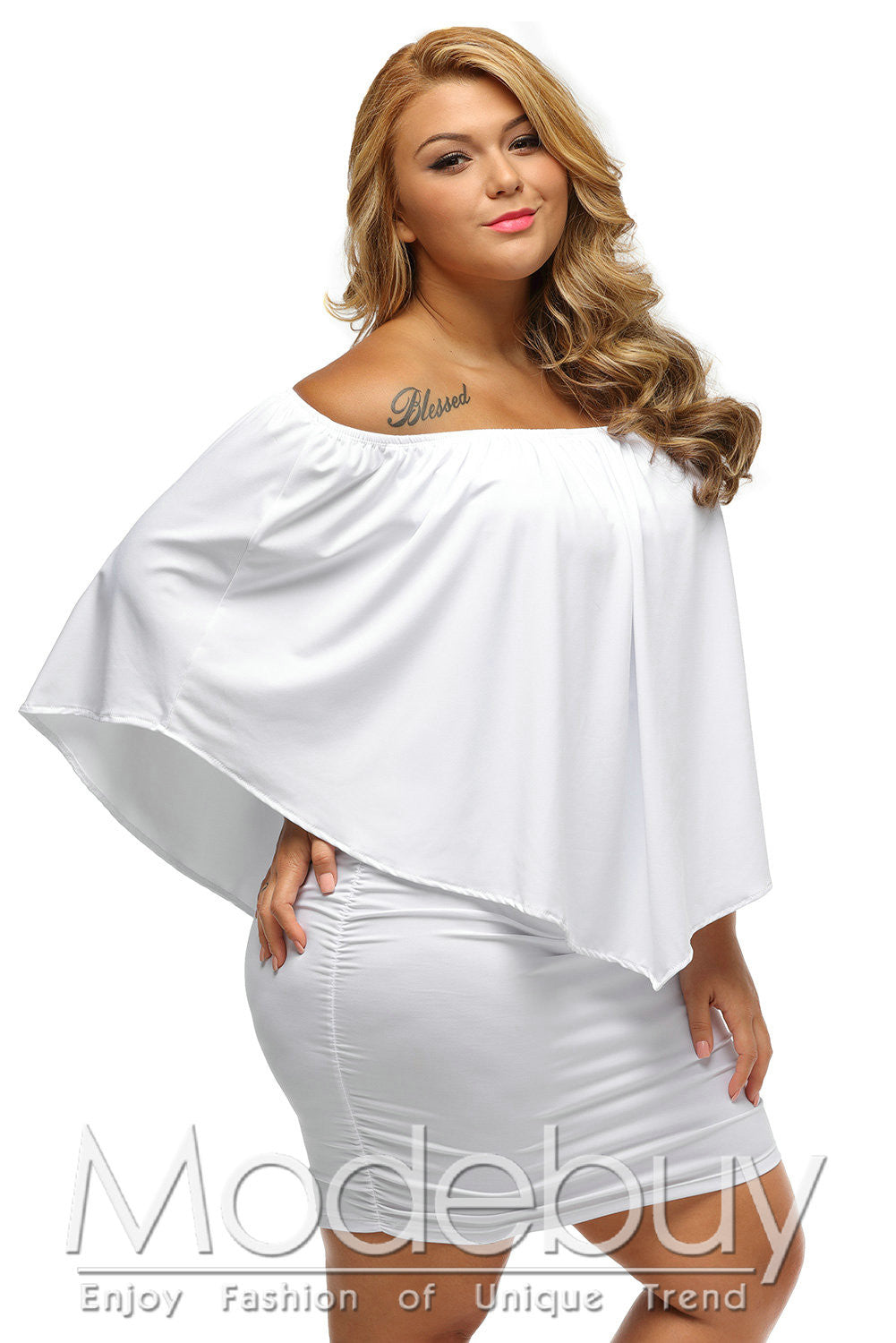 Robe Grande Taille Pour Blanc Court Collerette Epaules Denudees