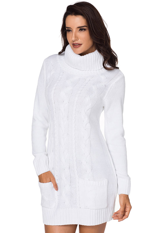 Robe Pull en Tricoter Blanche Col Roule