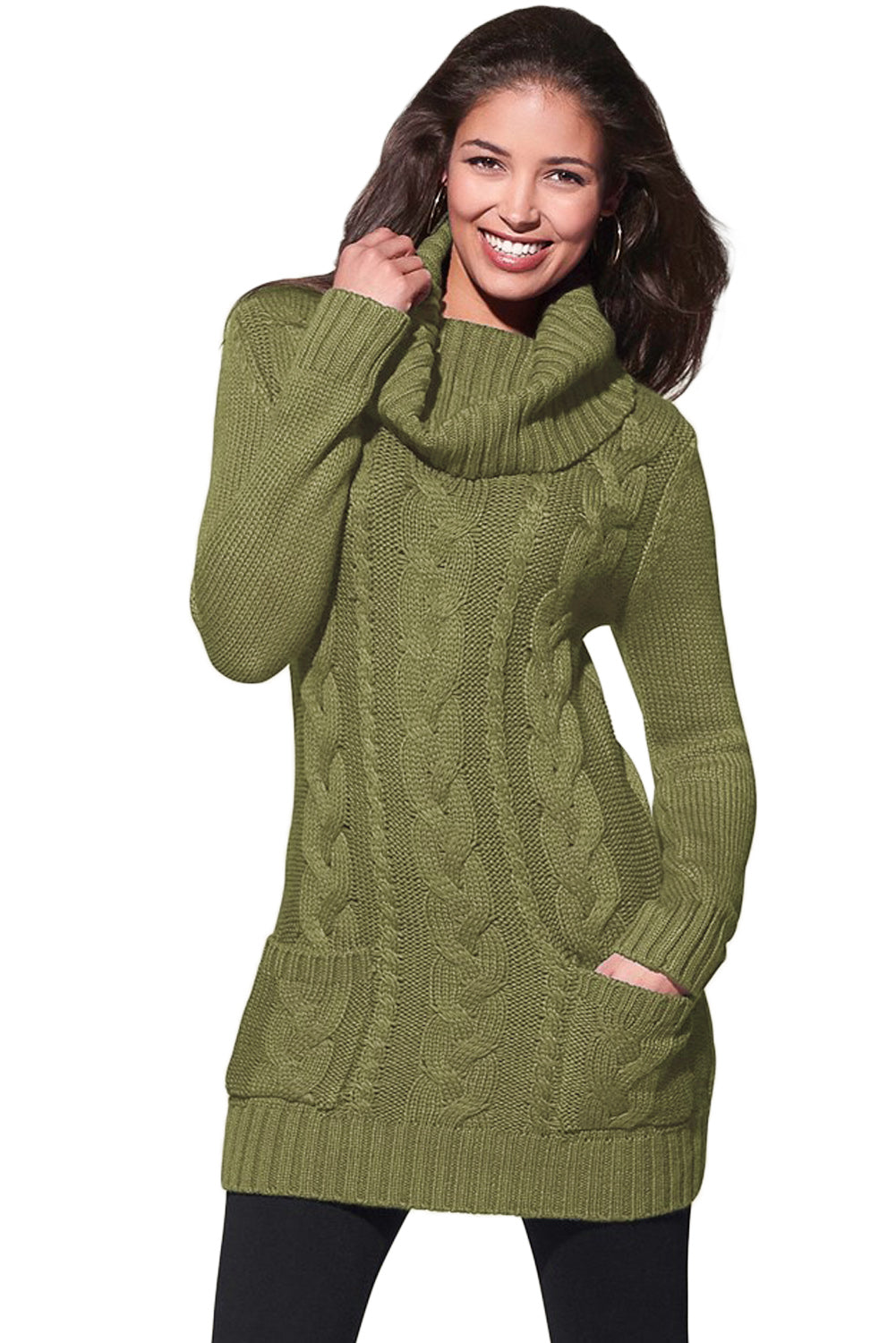 Robe Pull en Tricoter Vert Col Roule