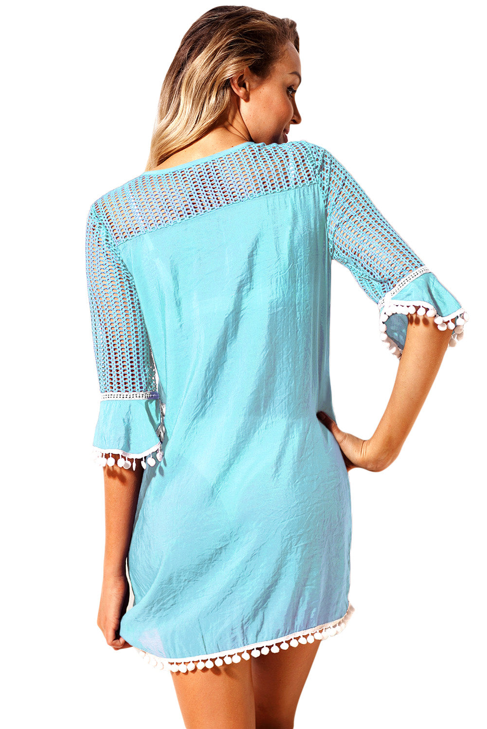 Robe de Plage Boheme Femme Ete Bleu Clair Pompon au Crochet