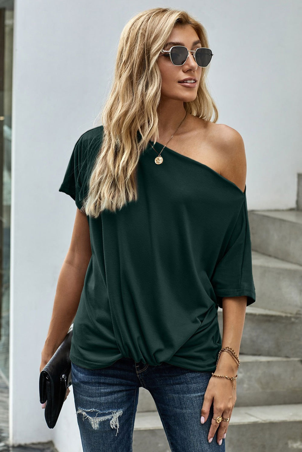 T-shirt Femme Vert Decontracte Epaules Denudees Manches Courtes