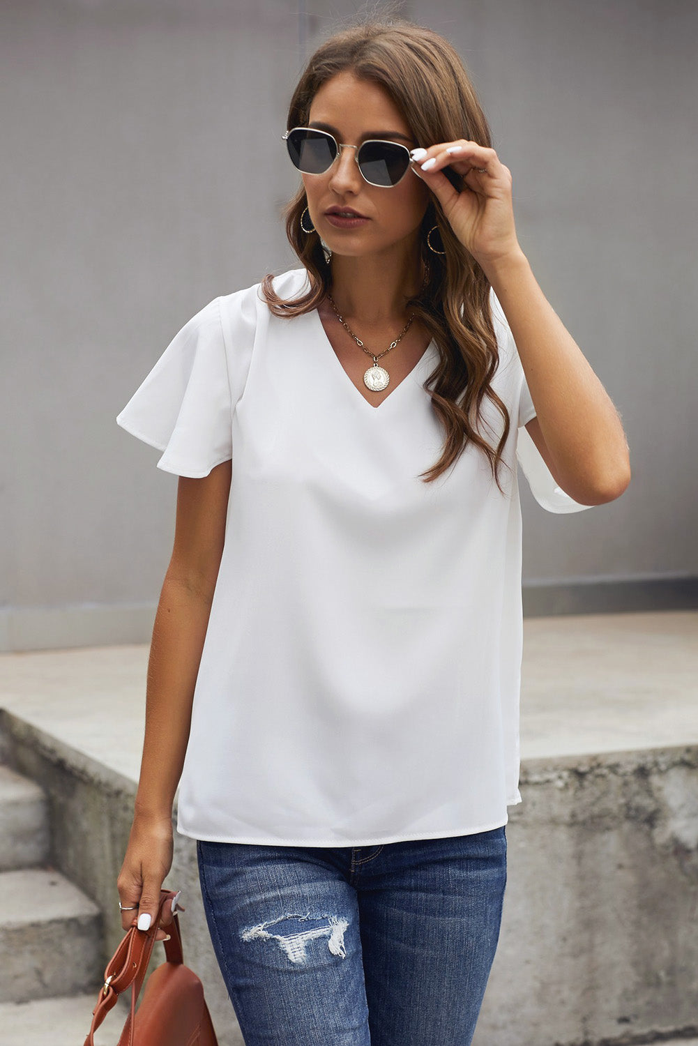 Tee Shirt Femme Col V Blanche Manches Courtes