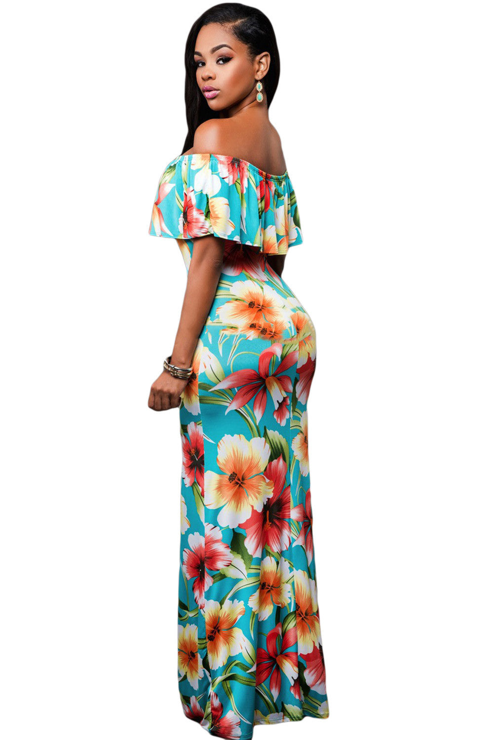 Maxi Robes Turquoise Roses Print Off The Shoulder Robe