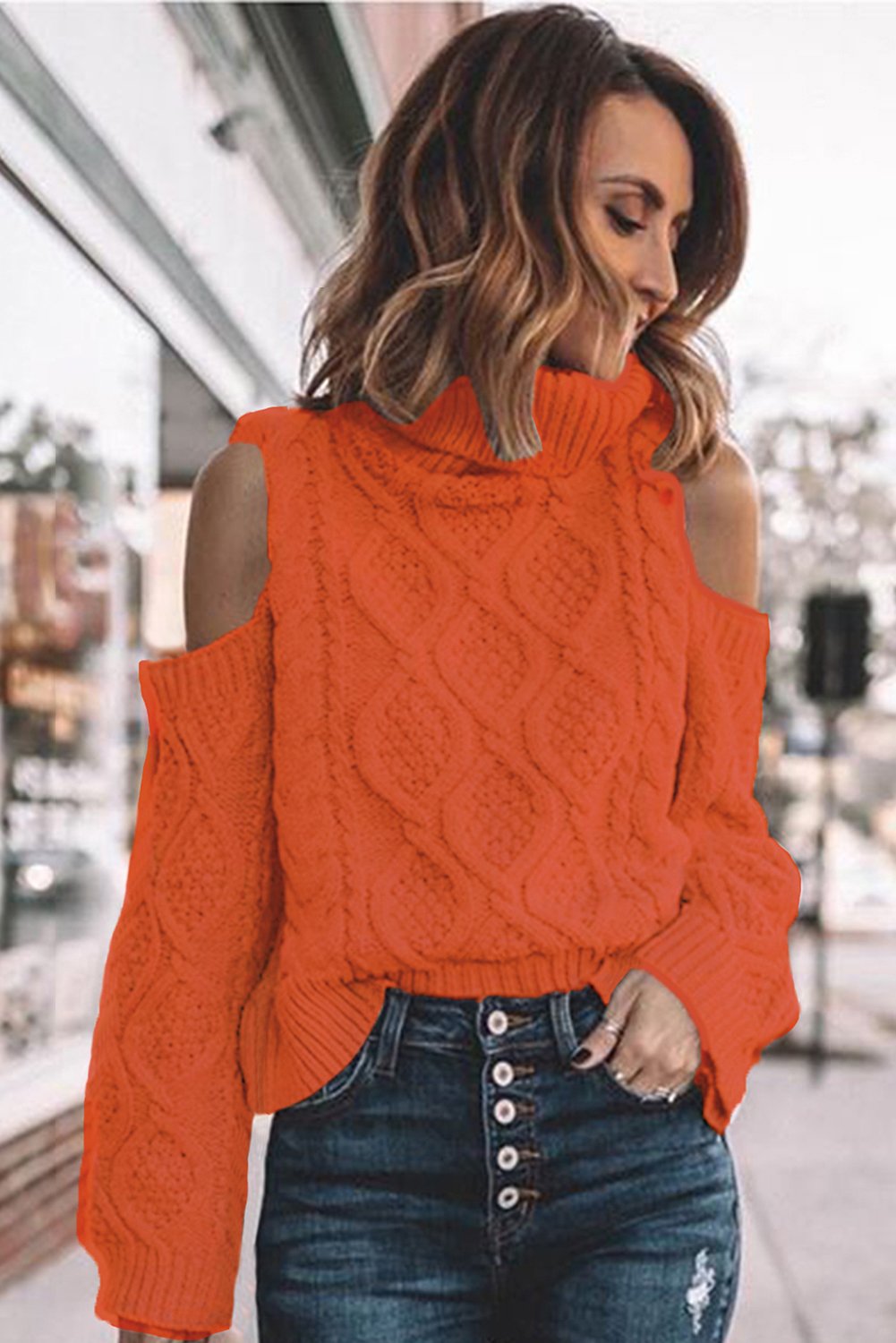Pull Femme Col Roule Hiver Orange Texture Froide Epaule 