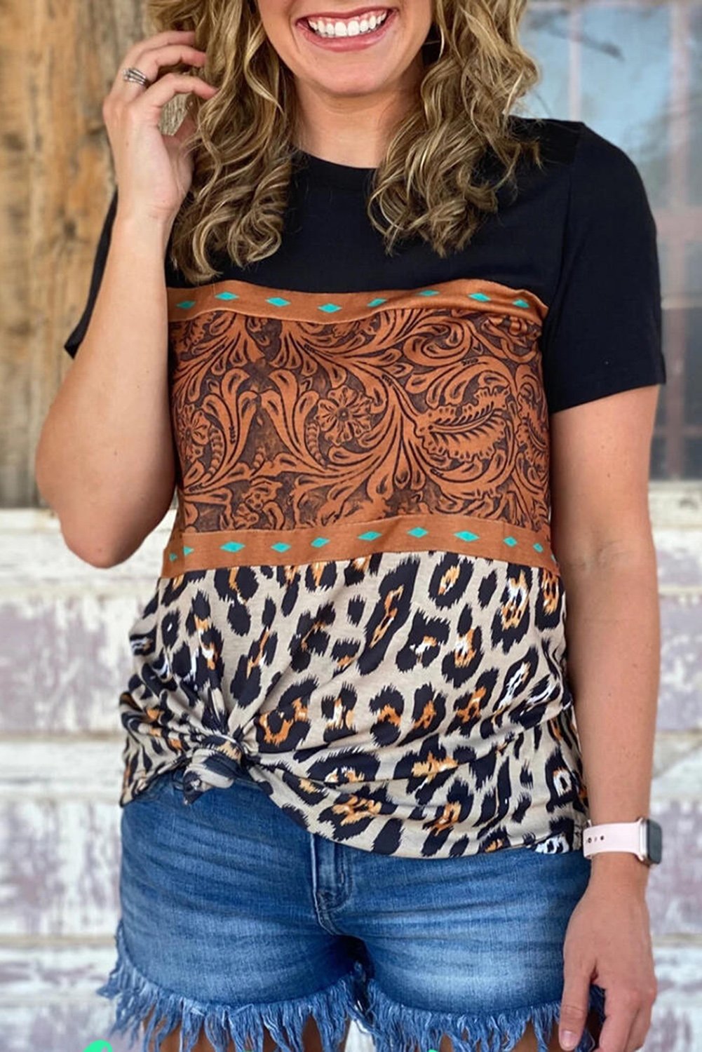 T shirt Noir Femme Manche Courte Imprime Leopard Blocs de Couleurs Episses Mode
