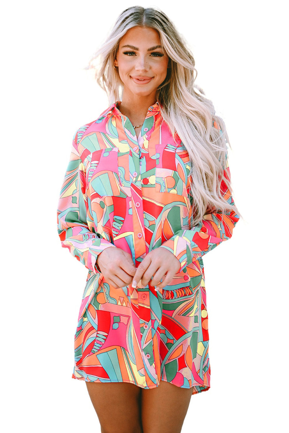 Chic Robe chemise à manches longues et imprimé abstrait géométrique multicolore