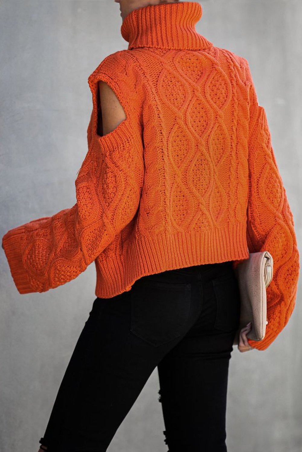Pull Femme Col Roule Hiver Orange Texture Froide Epaule 
