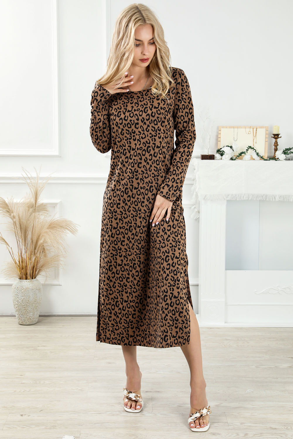 Chic Robe Fendue Léopard Col Rond Manches Longues